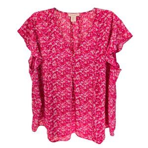Cynthia Rowley 2X Pink Floral V-Neck Blouse Flutter Sleeve Flowy Fit Plus Size